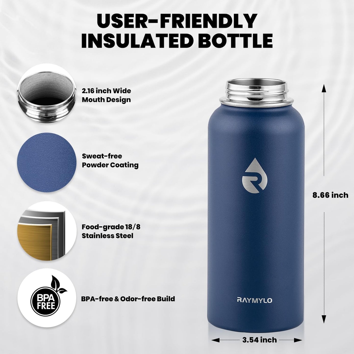 RAYMYLO One Gallon Water Bottle Insulated, Triple Walled Vacuum Stainless Steel (Cold for 48 Hrs), Leak Proof & Non-BPA, Large Water Flask Jug with Paracord Handle & Straw Spout Lids