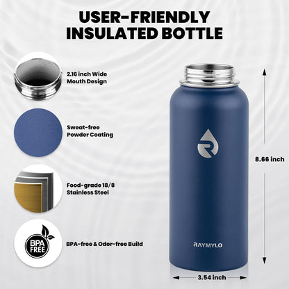 RAYMYLO One Gallon Water Bottle Insulated, Triple Walled Vacuum Stainless Steel (Cold for 48 Hrs), Leak Proof & Non-BPA, Large Water Flask Jug with Paracord Handle & Straw Spout Lids