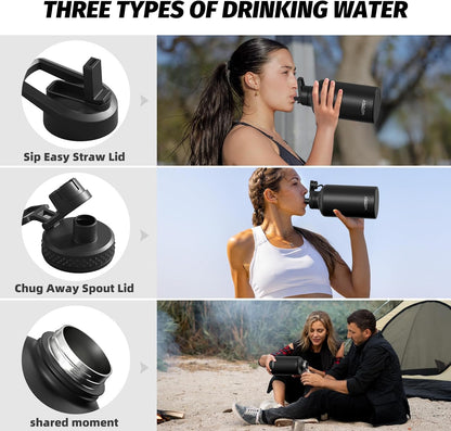 40oz Insulated Water Bottle (Cold for 48 Hrs),BPA Free&Leak Proof,Stainless Steel Water Flask,Water Jug with Straw Spout Lids for Gym,Hiking,Travel,Black Blue