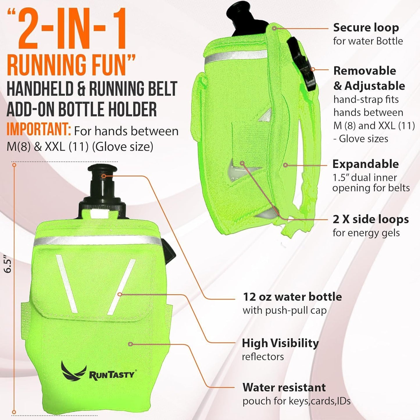 2-in-1 Running Fun: Handheld 12 Oz Water Bottle & Running Belt Add-On. No-Grip Design Straps on Hand & Slides on Belt. Waterproof Pocket for Money, Keys. Maximize Time, Freedom & Health