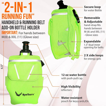 2-in-1 Running Fun: Handheld 12 Oz Water Bottle & Running Belt Add-On. No-Grip Design Straps on Hand & Slides on Belt. Waterproof Pocket for Money, Keys. Maximize Time, Freedom & Health
