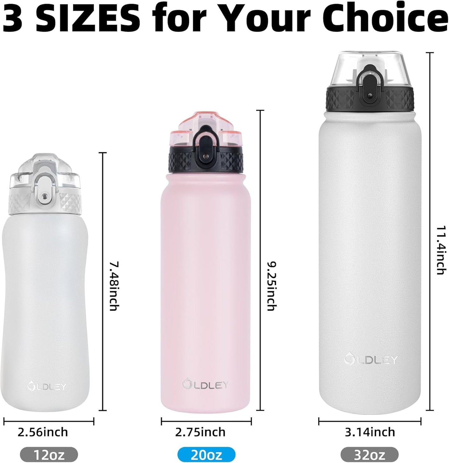 Oldley Insulated Water Bottle 20oz for Adults Kids Stainless Steel Water Bottles with Straw/Chug/Carabiner 3 Lids Fruit Strainer Double Wall Vacuum Wide Mouth BPA Free Leak-Proof for School Travel