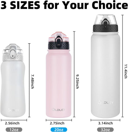 Oldley Insulated Water Bottle 20oz for Adults Kids Stainless Steel Water Bottles with Straw/Chug/Carabiner 3 Lids Fruit Strainer Double Wall Vacuum Wide Mouth BPA Free Leak-Proof for School Travel