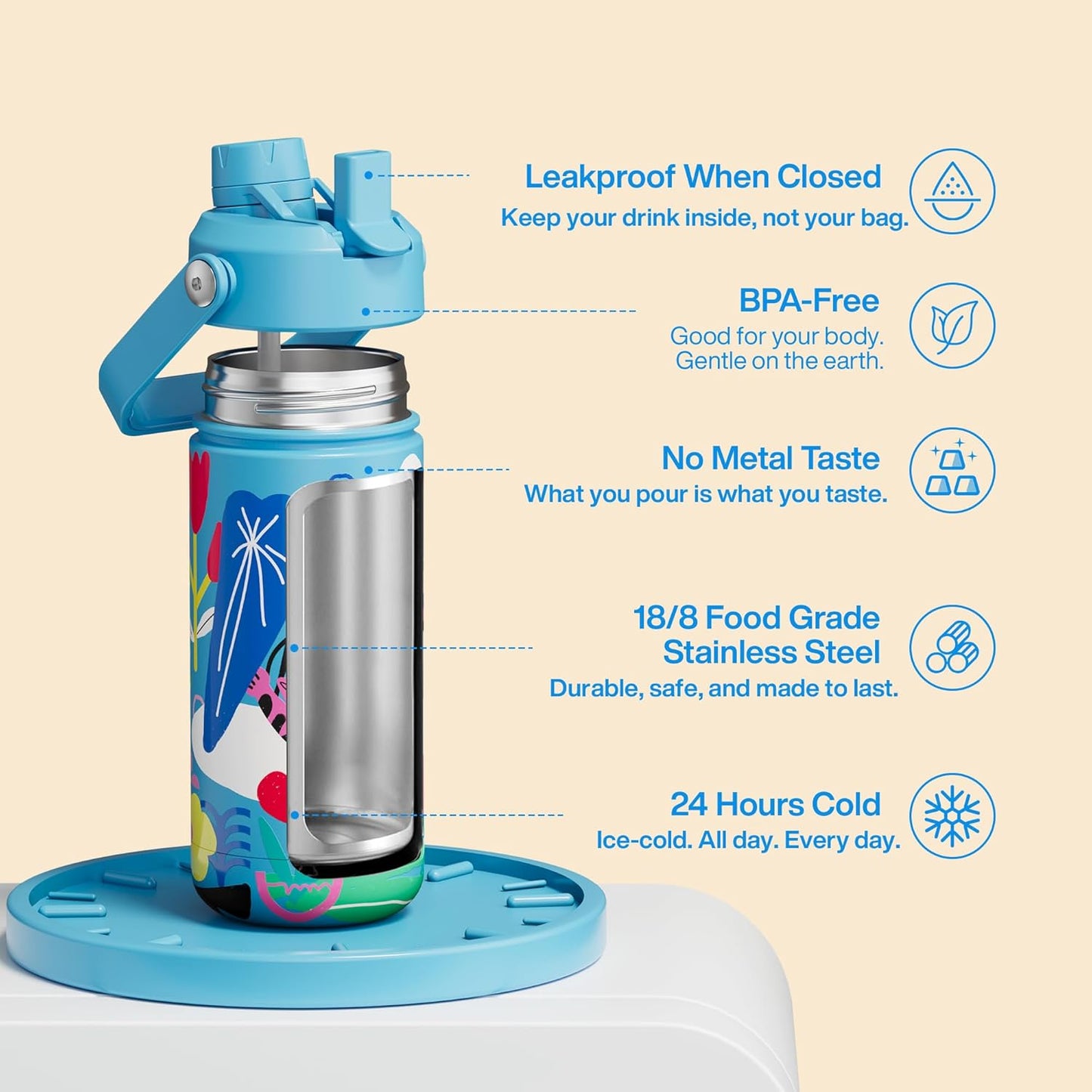 ENCOOL Insulated Water Bottle with Straw Stainless Steel Water Bottle, Leak-Proof, BPA-Free, Double Wall Vacuum Keeps Cold for 24 Hours for Sports, Travel, School (26 oz, Cotton Candy) - Colors B