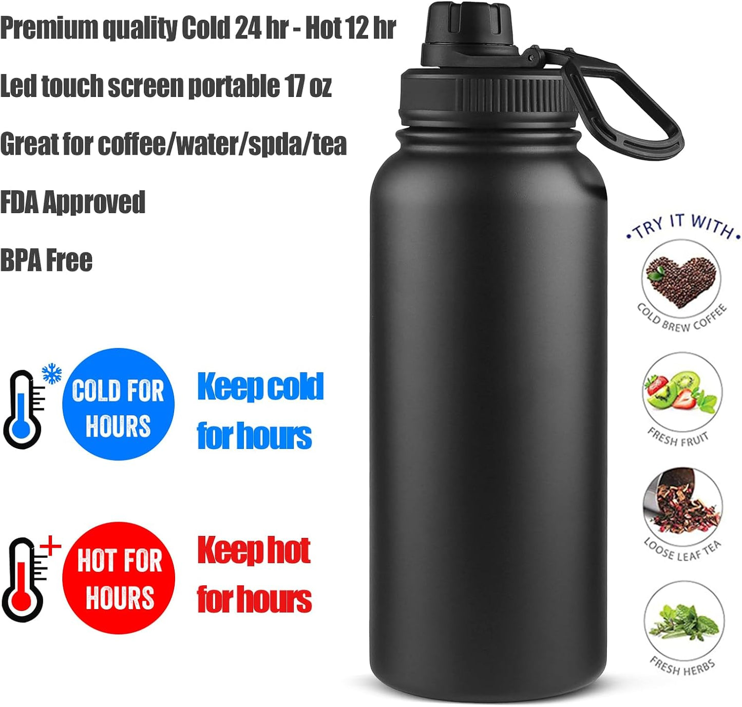 Sivaphe Tea Infuser Bottle With Removable Loose Leaf Tea Strainer Cup 18/8 Stainless Steel Portable Insulated Travel Tea Tumbler Black