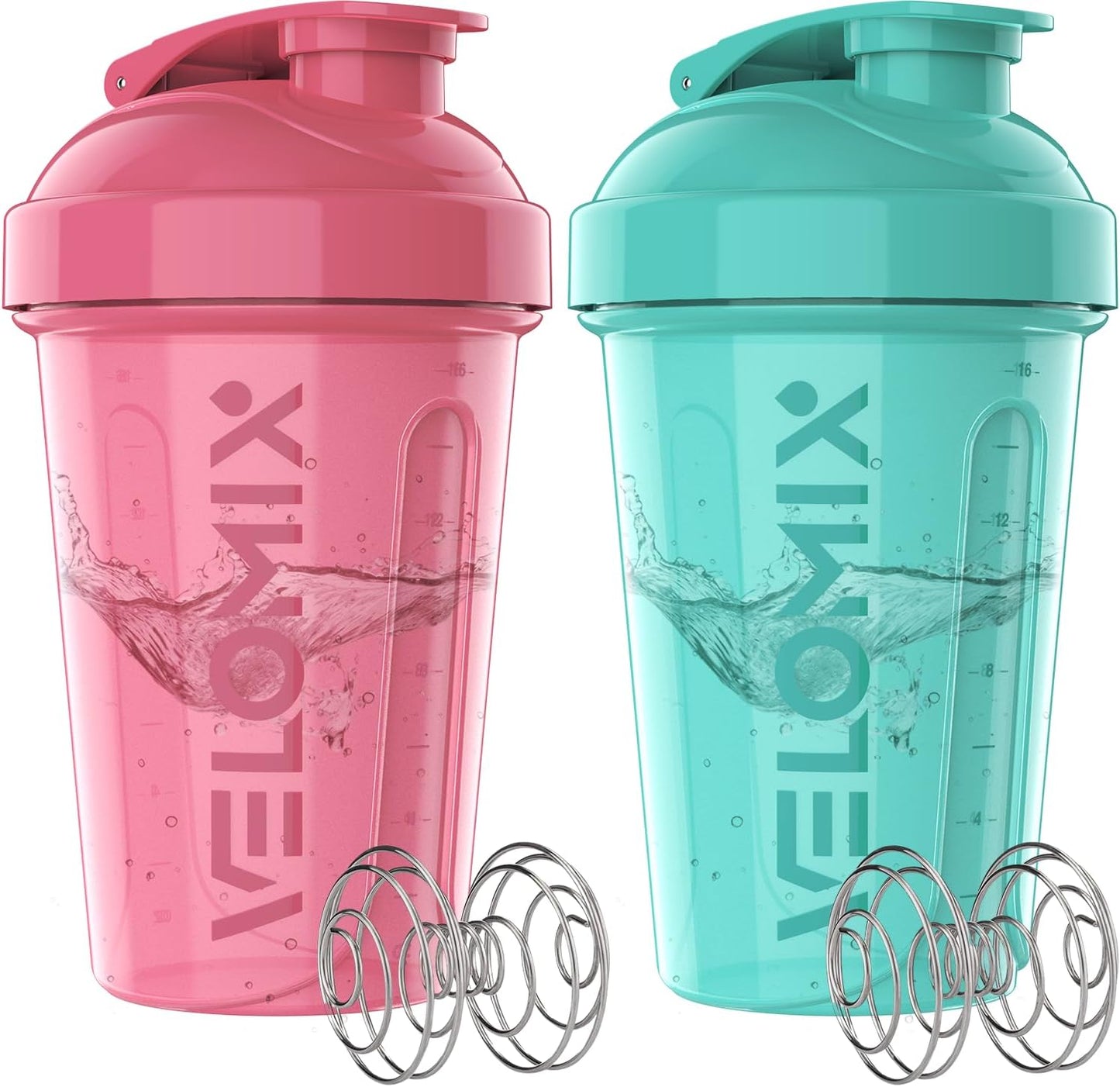 VELOMIX -2 Pack- 20 oz Protein Shaker Bottles for Protein Mixes - 2x Wire Whisk | Leak Proof Shaker Cups for Protein Shakes and Pre Workout | Protein Shaker Bottle Pack (Black/Transparent)