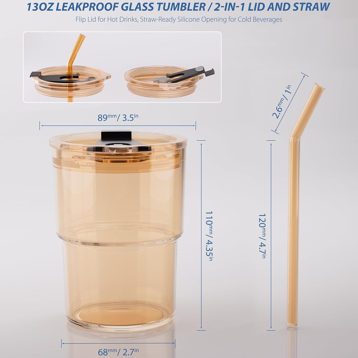 13 oz Iced Coffee Cup, Glass Tumbler with Straw and Lid for Tea, Matcha, Cold Brew, Sealed, Portable, Thick Wall, BPA-Free (Amber)