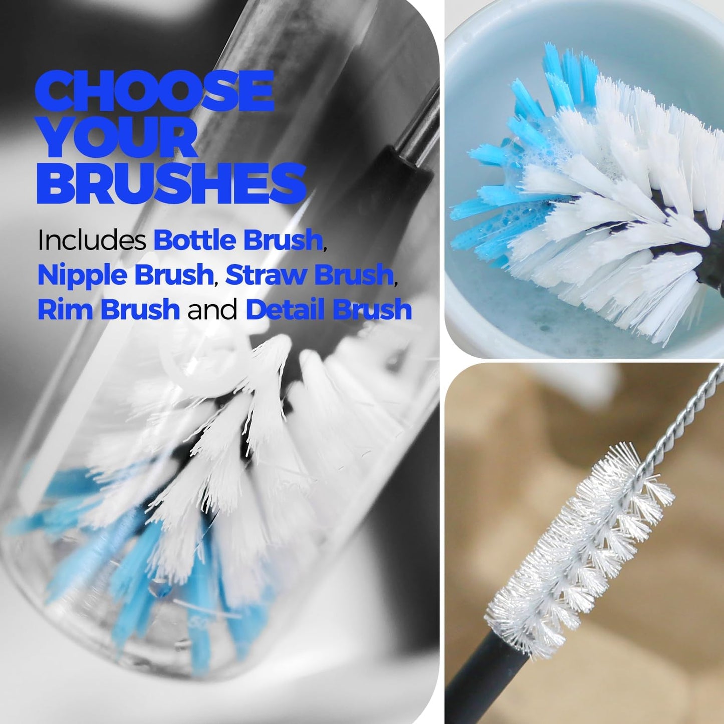 Holikme Bottle Brush Cleaner Set, 14" Long Handle Stainless Steel Bottle Cleaner Brush, 3 Straw Cleaner Brush, Bottle Cleaning Brush for Water Bottle, Cups, Abrasive Wheel Brushes, Straws Black