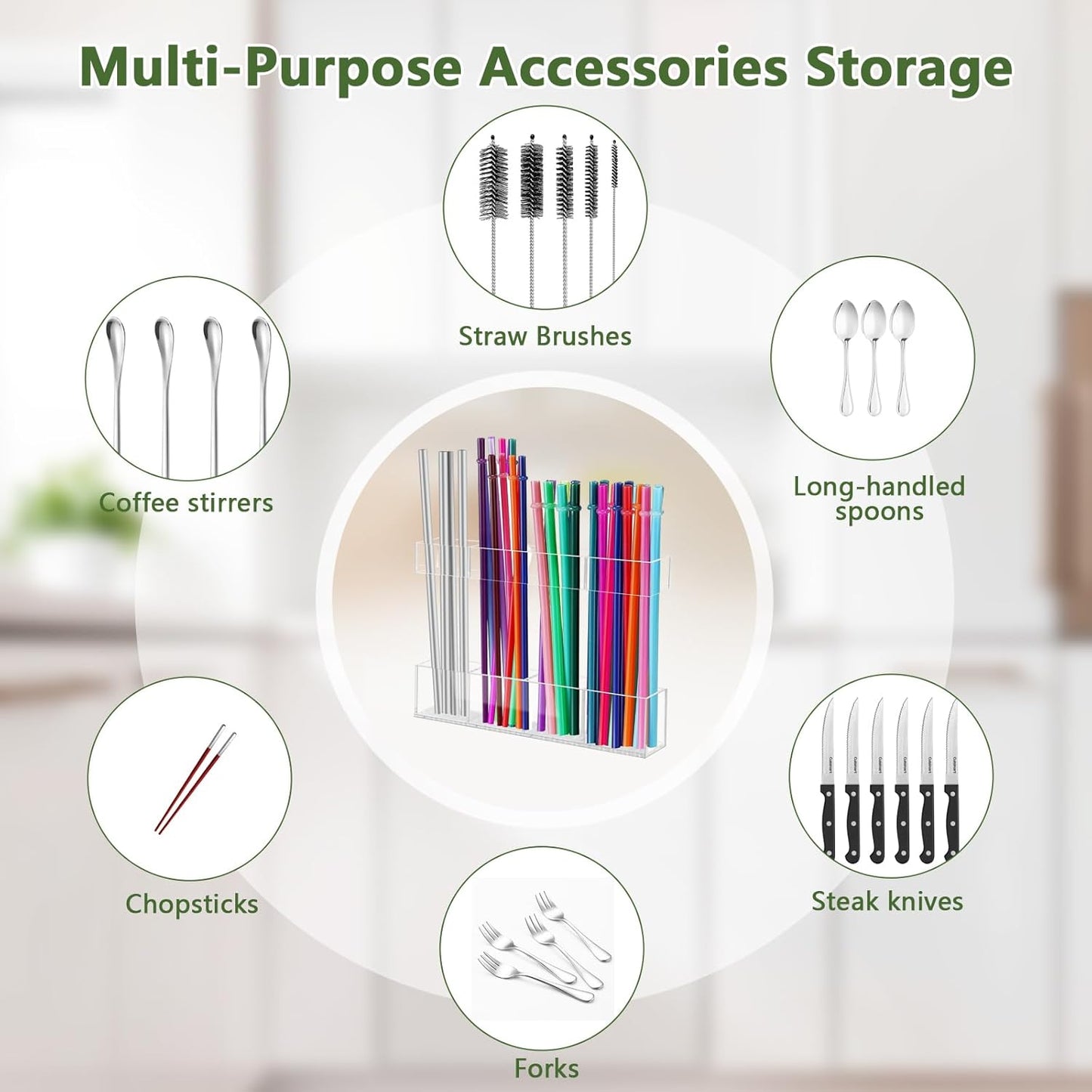 Malldii 9.5" Large Acrylic Straw Holder for Cabinet Door - Reusable Tumbler Straw Organizer Storage, Small Kitchen Accessories Container, Ultra Sticky Cupboard Door Mounted (Transparent)