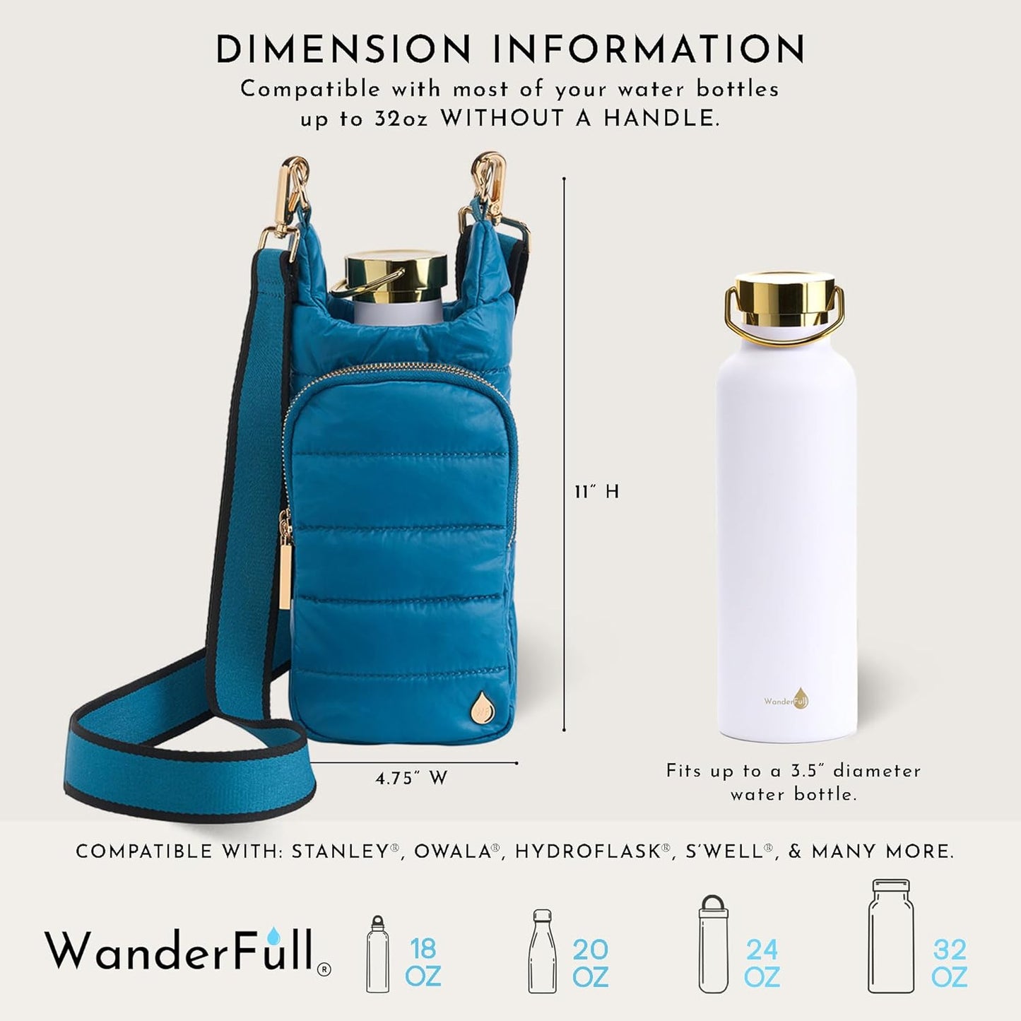 WanderFull Original HydroBag Fits Up to 32 oz Water Bottle Holder with Strap – Hands-Free Crossbody Water Bottle Carrier Bag with Phone Pocket - Colors A
