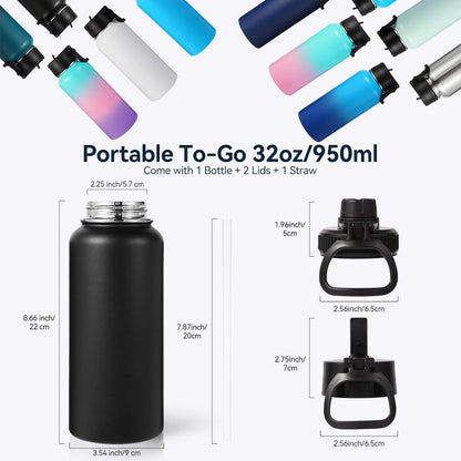 Neihepal 32 oz Insulated Water Bottle with 2 Lids (Straw & Spout Lid), 18/8 Stainless Steel Double Wall Water Bottles for Gym, Travel, Camping, Sports (Silver,1 Pack)