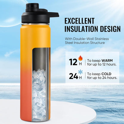 Fijinhom 24 oz Insulated Water Bottle with Handle, 304 Stainless Steel Water Bottles with Wide Mouth, Double Wall Vacuum Sports Water Bottle, BPA Free, Keep Cold and Hot, Black | with Handle