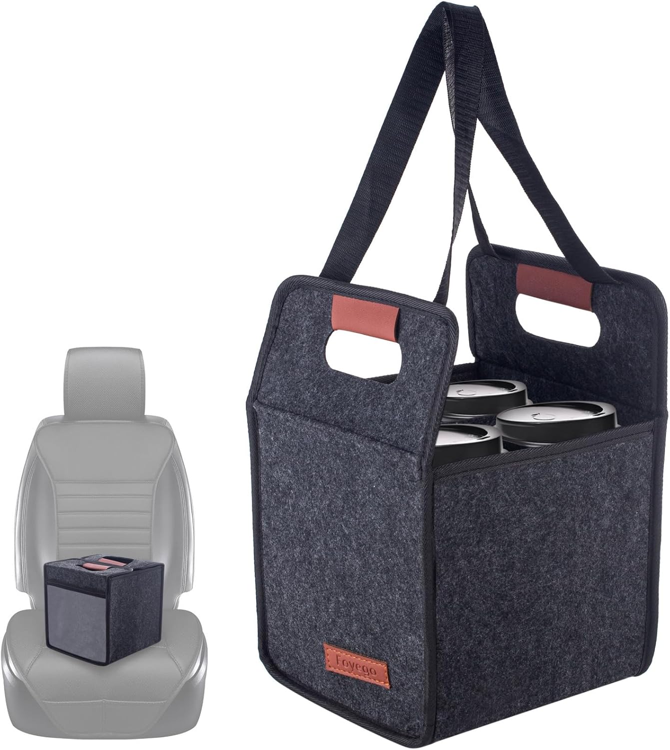 Foyego 4 Cup Drink Carrier with Handle, Reusable Insulated Drink Caddy Drink Holder for Car, Folding Portable Coffee Cup Holder Bag for Travel and Delivery