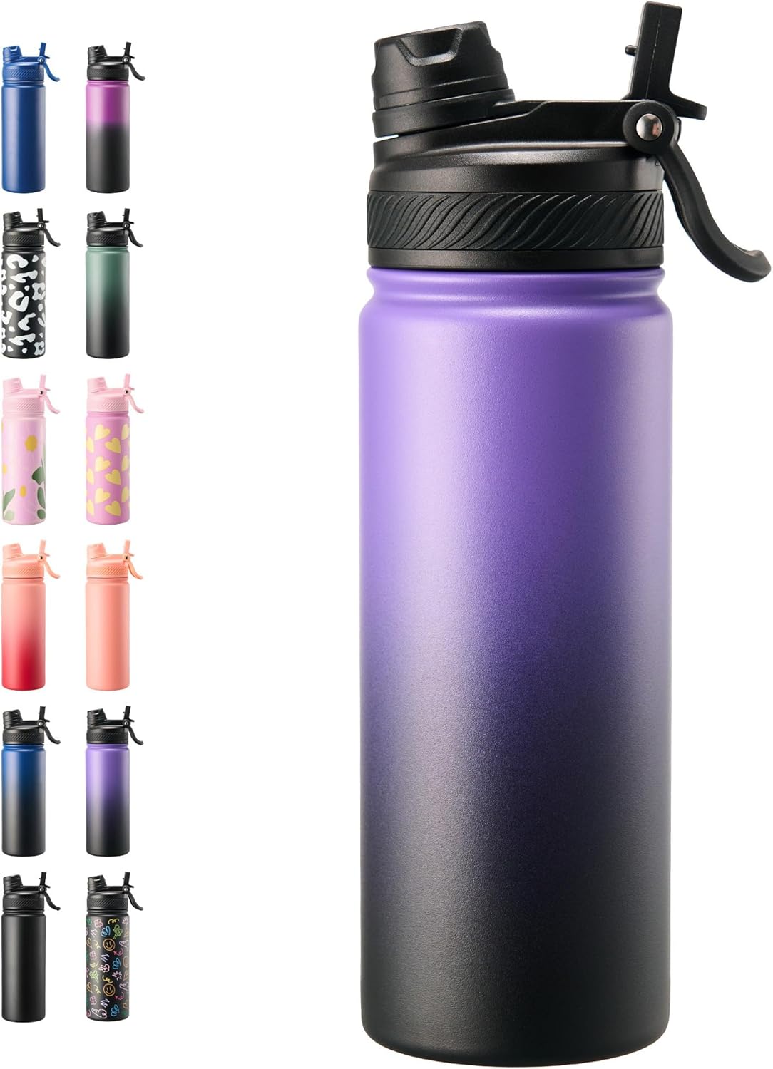 Fijinhom 18 oz Insulated Water Bottle, 2-in-1 Straw and Spout Lid Stainless Steel Thermos, Leak-Proof, Double Wall Vacuum Flask, Keep Cold 24H for Outdoor, Sports, Travel, School (Black)