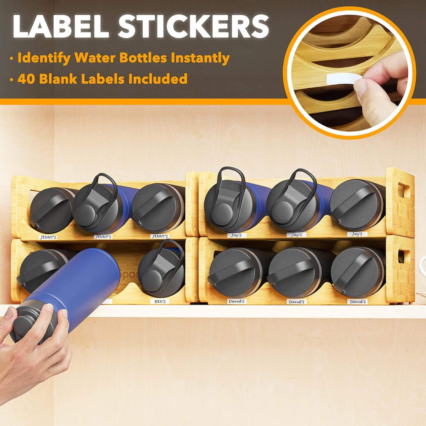 SpaceAid Bamboo Water Bottle Organizer with Labels for Kitchen and Pantry, Storage Rack for Cabinets, Home Cup and Wine Bottle Holder Shelf Organizers, 2 Pack 3-Slot, Hold 6 Bottles