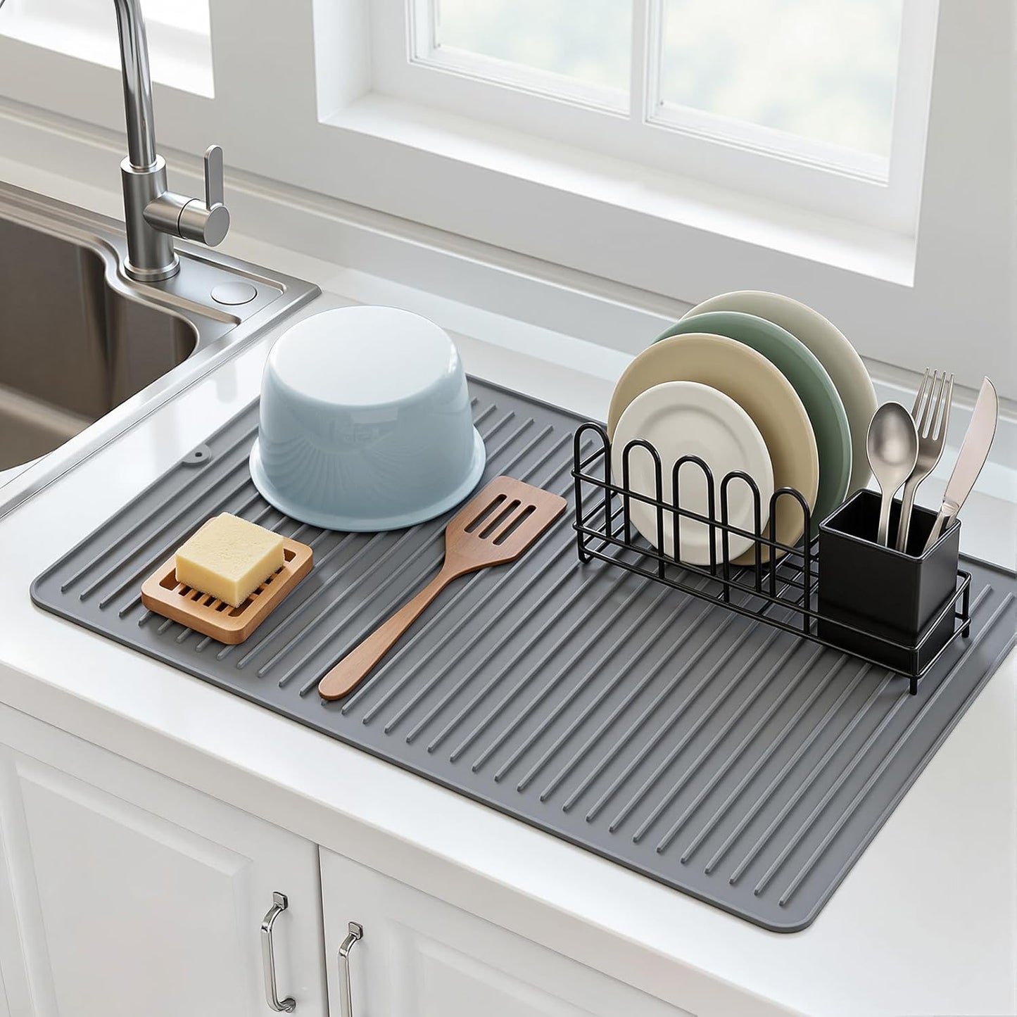 Songrey 12" x 6.5" Silicone Dish Drying Mat, Kitchen Counter Drying Pad for Sink Dishes or Under Rack, Multi-Use as Heat Resistant Trivet, Coffee Bar Mat