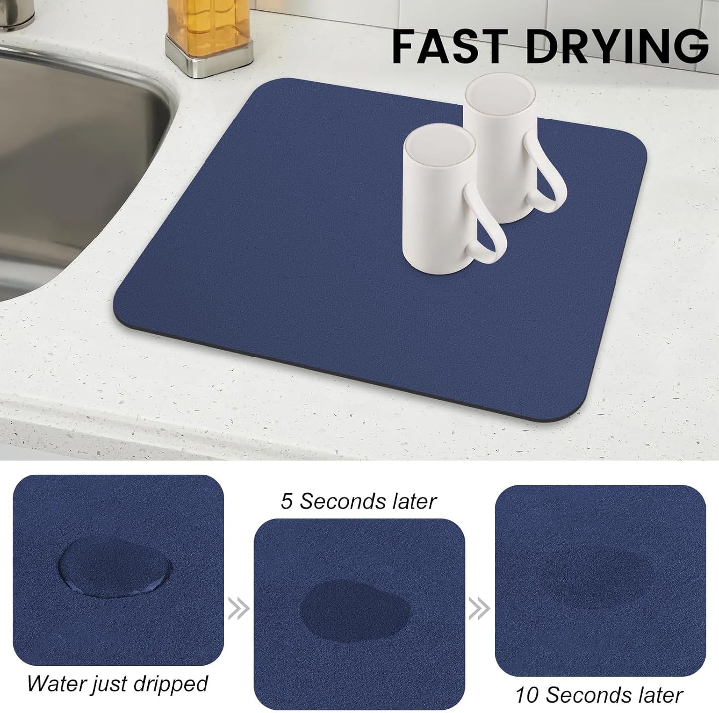 WISELIFE Dish Drying Mat Super Absorbent Drying Mat Large Dish Drying Mats for Kitchen Counter Easy Clean Dish Mat Kitchen Drying Mat15"x 18" Stylish Grey