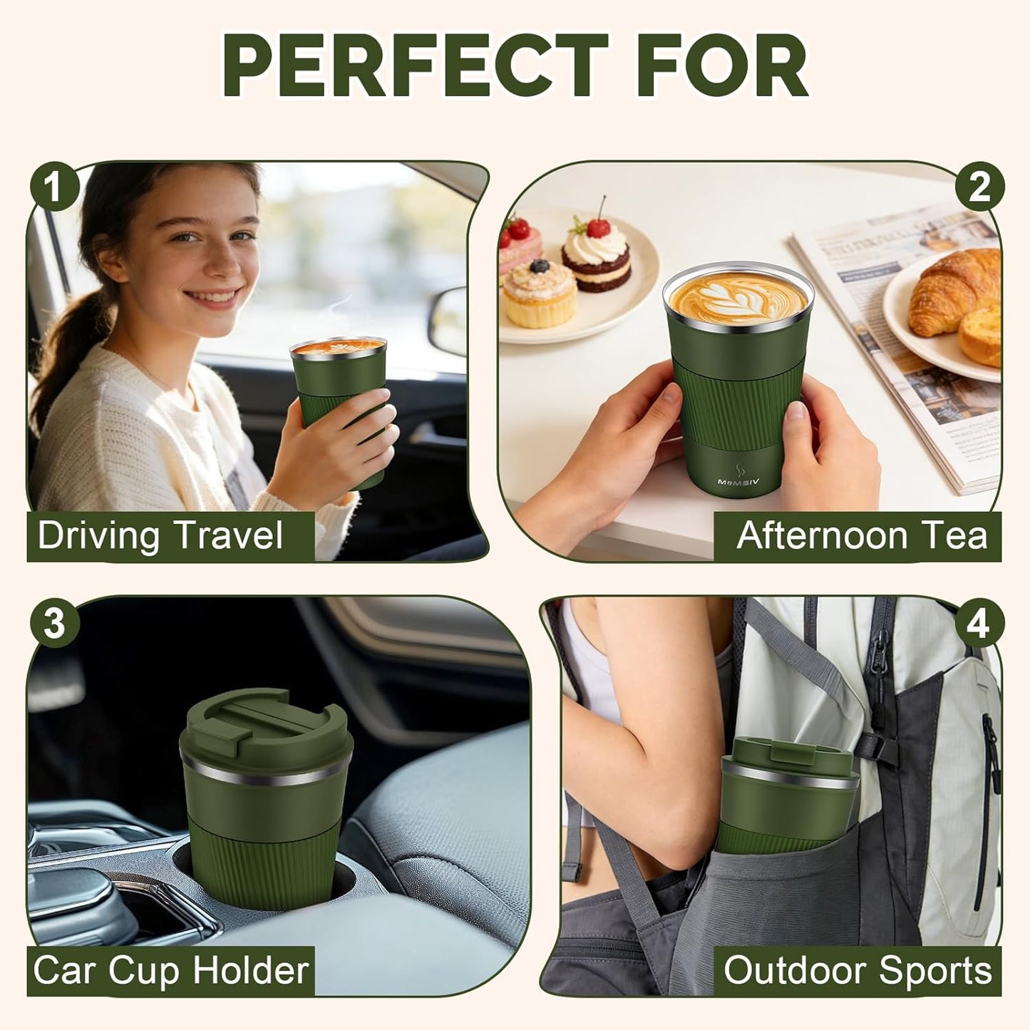 MOMSIV 12oz Travel Mug, Insulated Coffee Cup with Leakproof Lid, Travel Coffee Mug Vacuum Stainless Steel Double Walled Reusable Coffee Cup for Hot and Cold Water Coffee