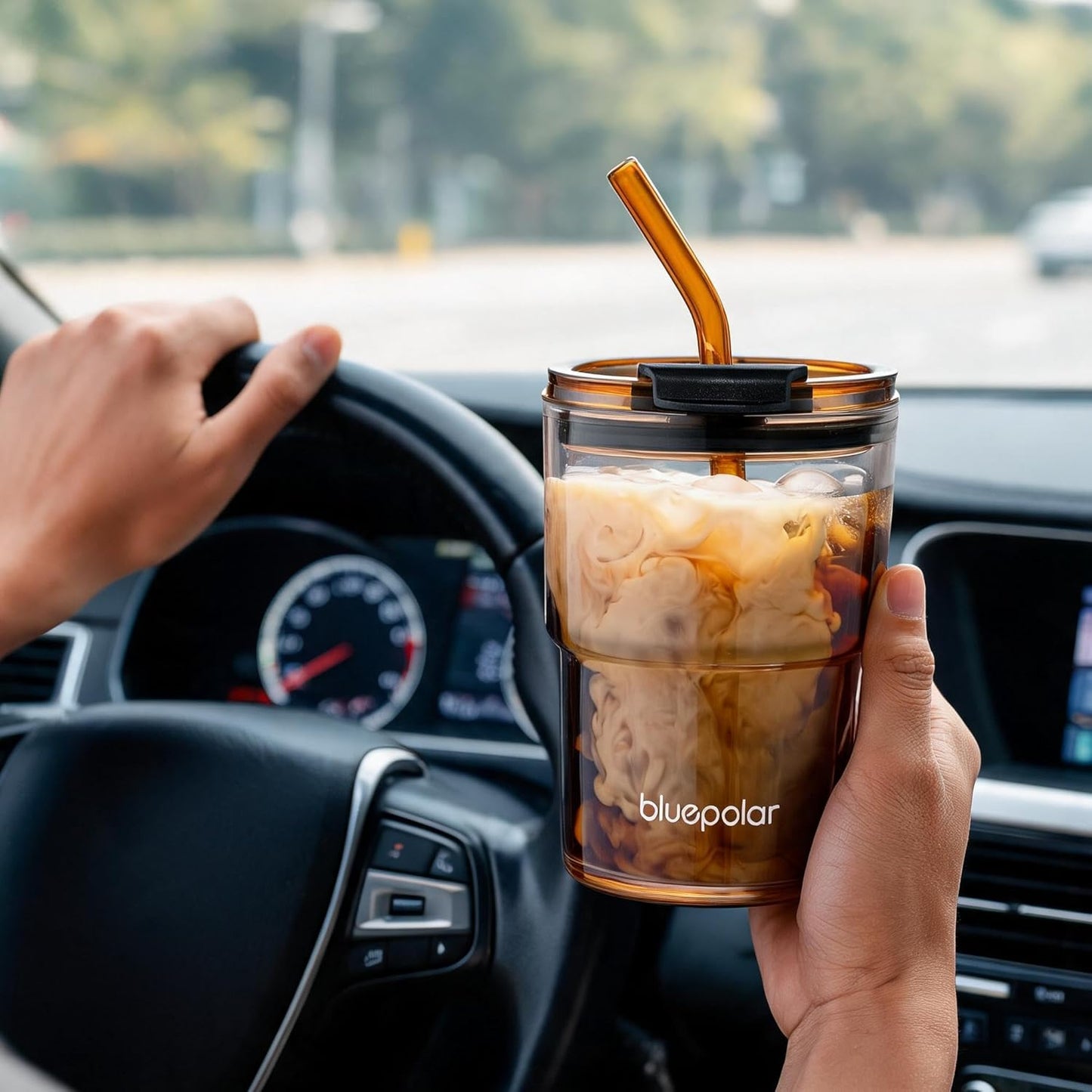 BLUEPOLAR 13oz/400ml Glass Water Tumbler with Straw and Lid Sealed Carry On Thick Wall Iced Coffee Cup Glass Cup for Water, Iced Tea Fruit Juice Etc (White-2Pack)
