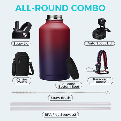 32/40/64OZ Insulated Water Bottle - Keep Cold 48H Hot 24H, Combo Straw/Spout Lids, Paracord Handle for Gym/Hiking, Carrier Bag +Strap, Cup Mat, BPA-Free Stainless Steel Flask Jug