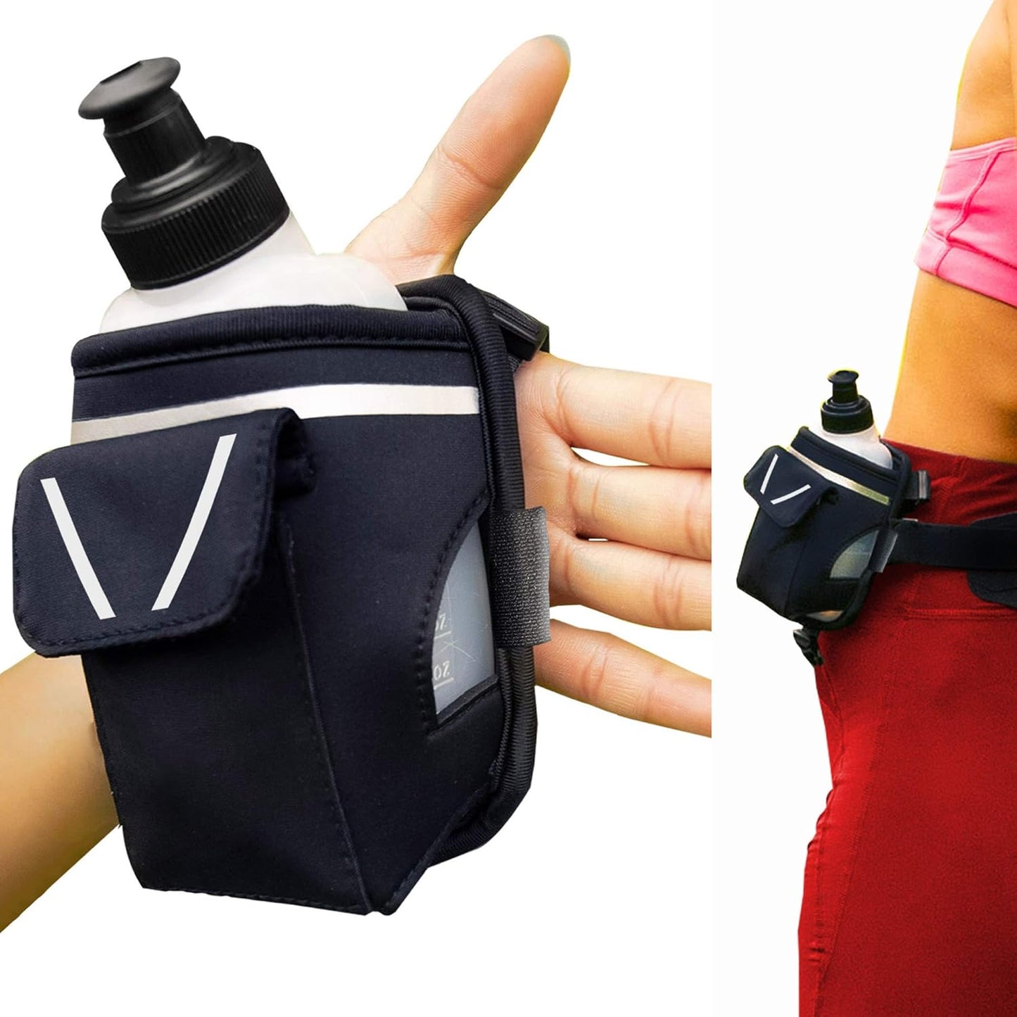 2-in-1 Running Fun: Handheld 12 Oz Water Bottle & Running Belt Add-On. No-Grip Design Straps on Hand & Slides on Belt. Waterproof Pocket for Money, Keys. Maximize Time, Freedom & Health