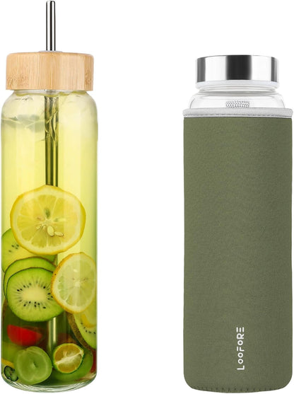 32 oz Glass Water Bottle with Straw - Reusable Eco Friendly Bpa Free - Borosilicate Glass Water Bottles with 2 Lids & Neoprene Sleeve - for Gym, Sports & Workout, Daily - 1 Pack