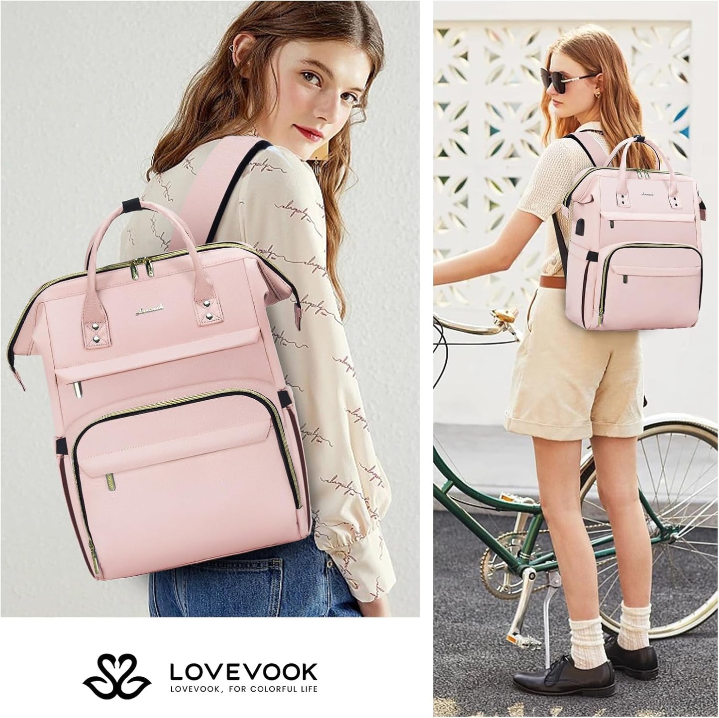 LOVEVOOK Laptop Backpack for Women with Giant Tumbler Holder Pocket,15.6 inch Waterproof Travel Backpack Purse Computer Laptop Bag,Professional Work College Nurse Teacher Backpack Casual Daypack,Black