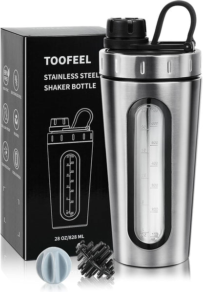 TOOFEEL Shaker Bottles for Protein Mixes 28 oz Stainless Steel Protein Shaker with 2 Mixing Ball, Not Stays Cold/Hot, Visible Window Metal Shaker Cups, Leakproof, BPA Free Bottle Shaker