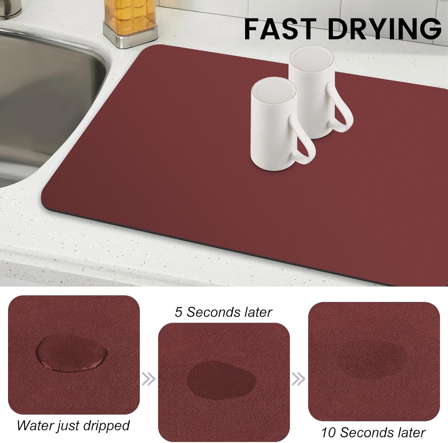 WISELIFE Dish Drying Mat Super Absorbent Drying Mat Large Dish Drying Mats for Kitchen Counter Easy Clean Dish Mat Kitchen Drying Mat15"x 18" Stylish Grey