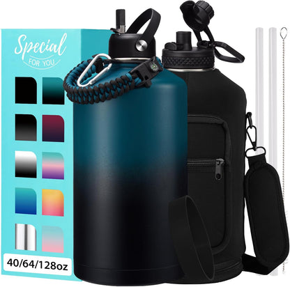 32/40/64OZ Insulated Water Bottle - Keep Cold 48H Hot 24H, Combo Straw/Spout Lids, Paracord Handle for Gym/Hiking, Carrier Bag +Strap, Cup Mat, BPA-Free Stainless Steel Flask Jug