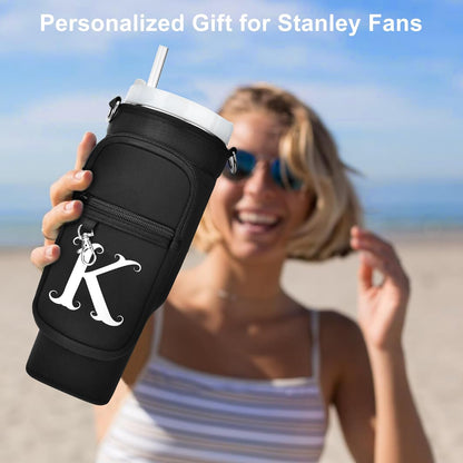 LOKASS Personalized Water Bottle Holder with Strap for Stanley Cup Accessories 40 oz, Initial for Stanley Cup Holder Carrier Bag with Phone Pocket, Stylish Tumbler Accessories for Daily Use Hands-Free