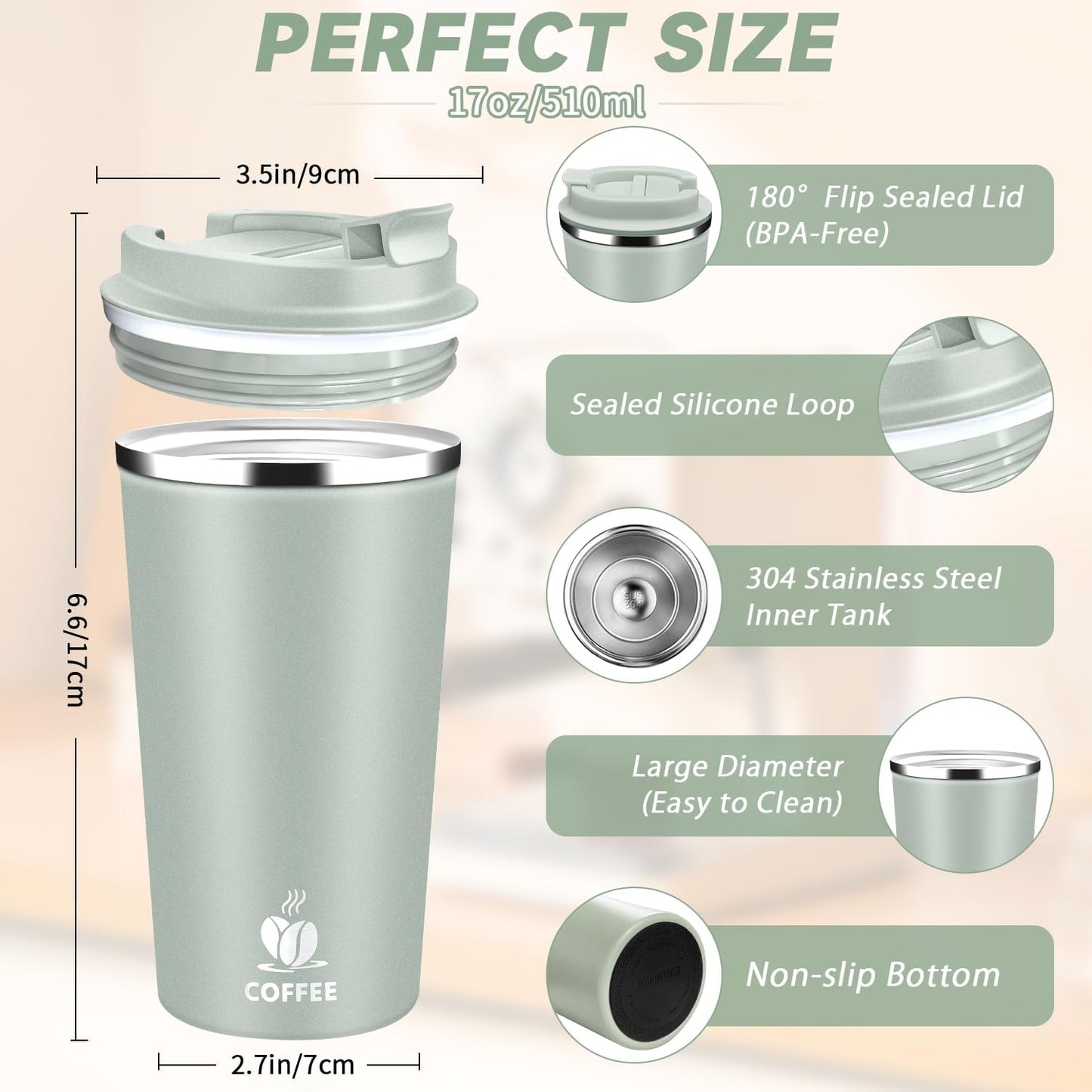 Insulated Travel Coffee Mug Reusable Coffee Tumbler Cup with Flip Lid Leak Proof Spill Proof for Office School Party Camping Hot and Cold Drink,Stainless Steel 17oz (Black)