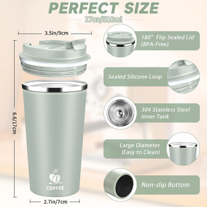 Insulated Travel Coffee Mug Reusable Coffee Tumbler Cup with Flip Lid Leak Proof Spill Proof for Office School Party Camping Hot and Cold Drink,Stainless Steel 17oz (Black)