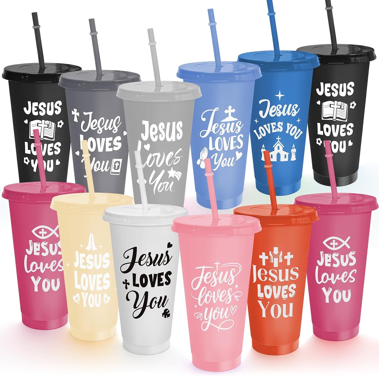 Cinrobiye 24 Pcs Jesus Loves You Tumblers Bulk, 24 oz Christian Plastic Cups with Lids and Straws, Reusable Religious Gift Cups for VBS, Sunday School, Church Events, Bible Study Party Favors