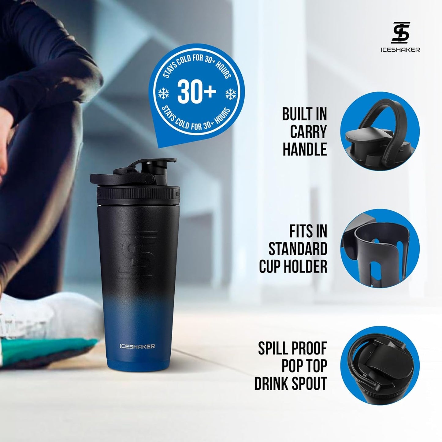 Ice Shaker Insulated Stainless Steel Shaker Bottle | 26oz, Bomber | Cold for 30+ Hours | Insulated Cup with Twist-on Agitator | Odor-Free Bottle for Protein Shakes, Water, Smoothies, Cocktails