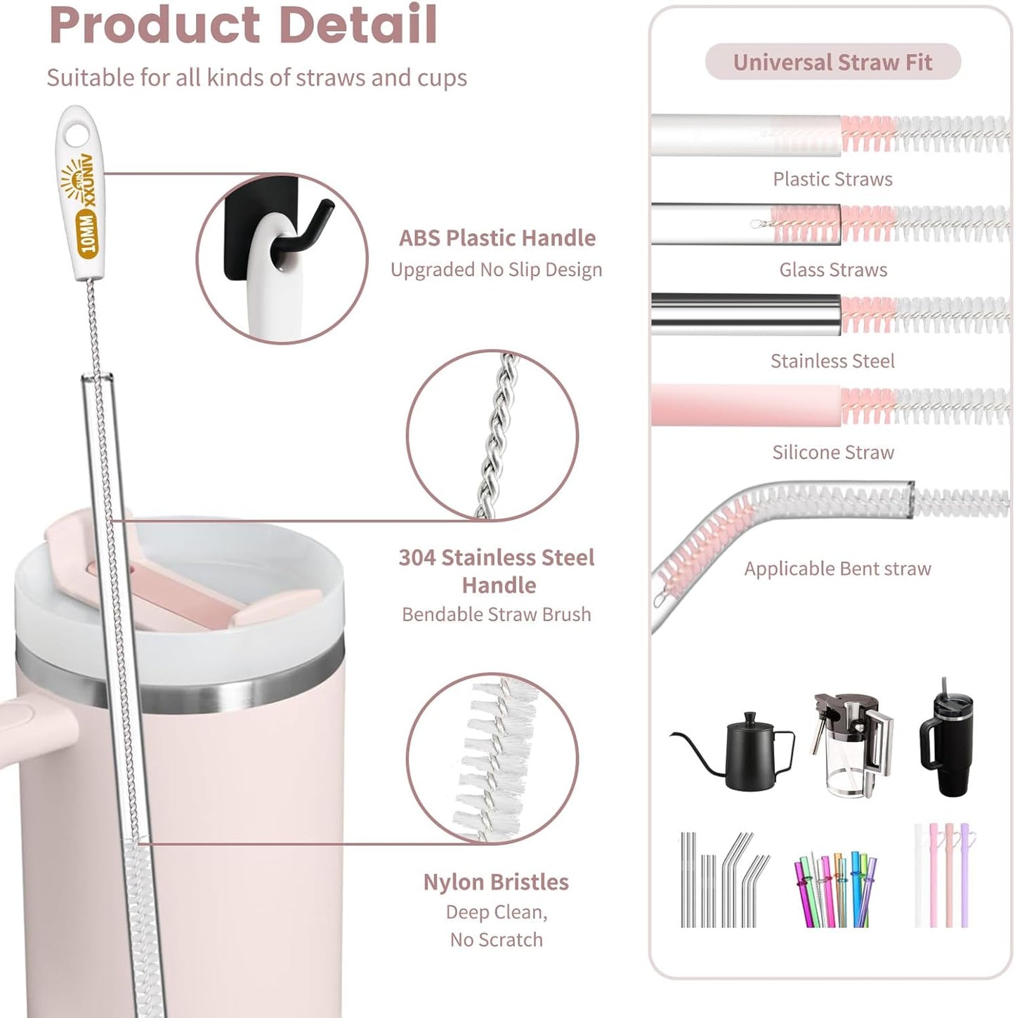 15 Inch Extra Long Straw Cleaner Brush Set, 5 Pcs Reusable Cleaning Brushes for Stanley 40 oz Tumbler, Owala, Yeti, Includes 4 Flexible Straw Brushes and 1 3-in-1 Cup Lid Gap Cleaning Tool(Pink)