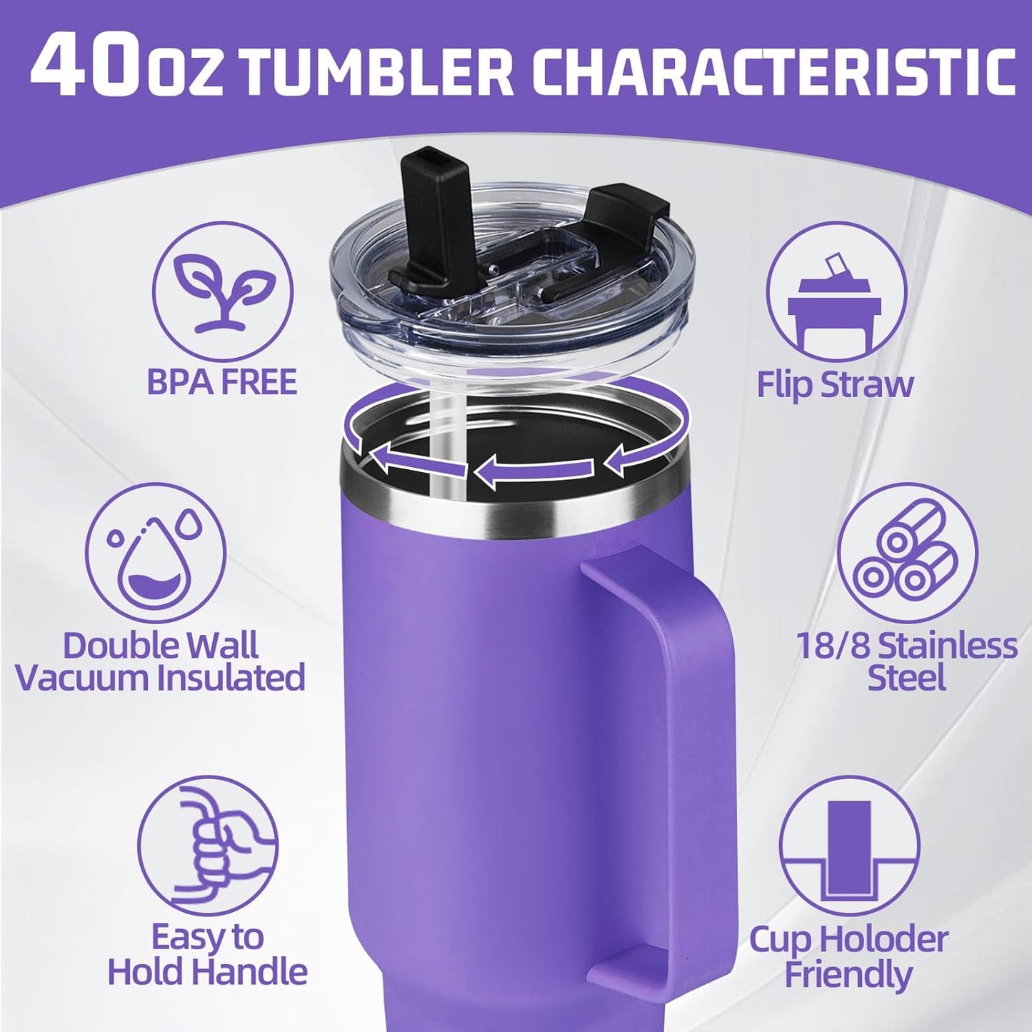 20 oz Tumbler with Handle, Stainless Steel Insulated Tumbler with Lid and Straw, Double Wall Vacuum Coffee Mug Tumbler, Insulated Coffee Thermal Cup for Cold and Hot (Light Purple)