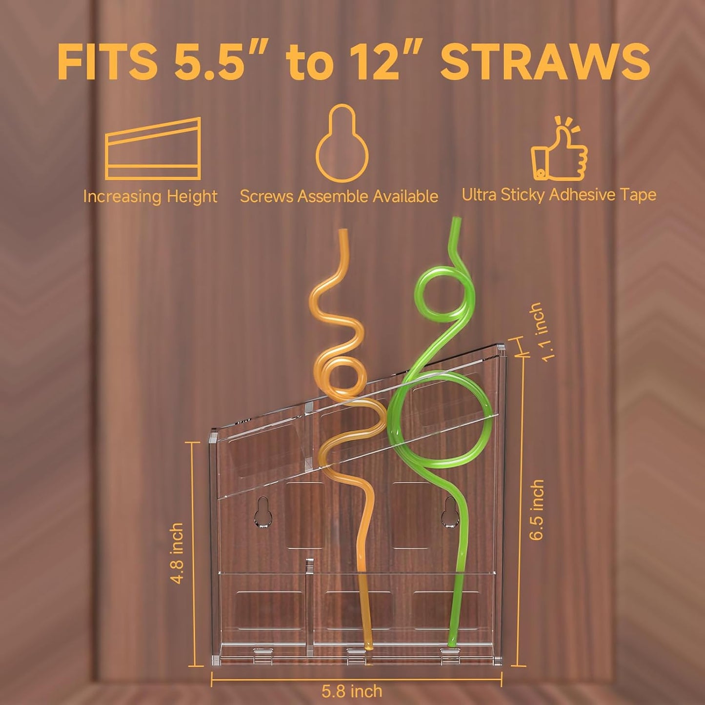 Acrylic Straw Holder for Cabinet - 9.5 Inch Clear Reusable Straw Organizer Dispenser with Ultra Sticky Adhesive Tapes, Slanted Kitchen Accessories Container Cupboard Door Mounted