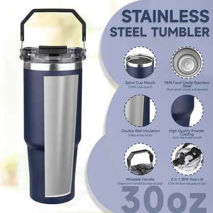 30oz Tumbler with Handle and Flip Straw Lid Double Wall Insulated Travel Coffee Mug Stainless Steel Vacuum Insulated Coffee Tumbler Cup for Hot and Cold Beverages,Leak-proof&BPA-free (30oz,Black)