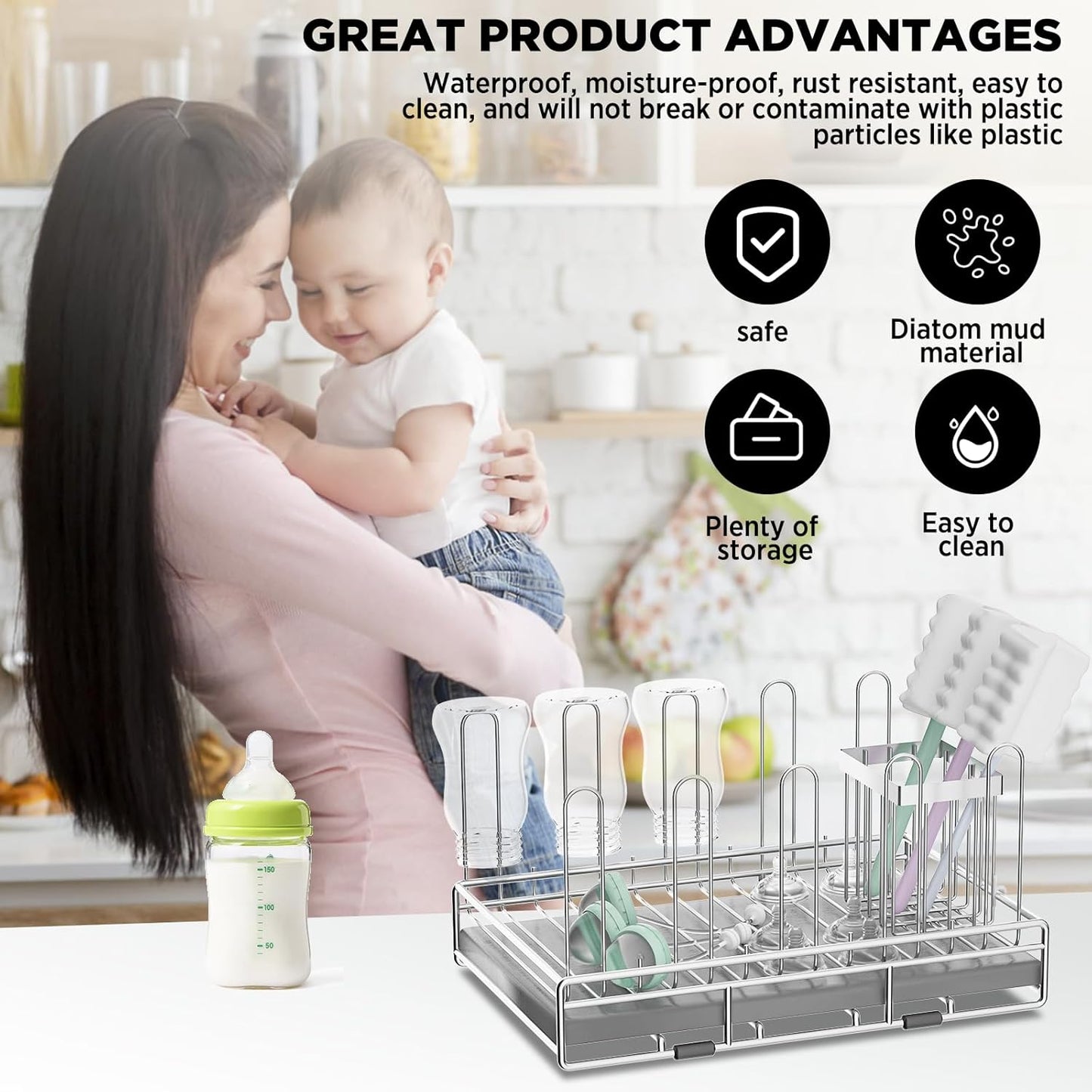 Bottle Drying Rack Stainless Steel Fold Water Bottle Drying Rack Organizer with Straw Holder for Baby Bottles,Cups, Mugs and Glass, Sports Bottles Dryer Countertop