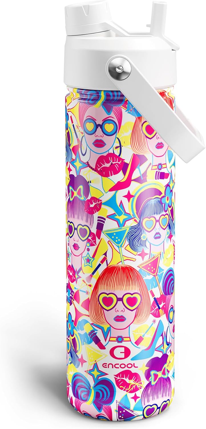 ENCOOL Insulated Water Bottle with Straw Stainless Steel Water Bottle, Leak-Proof, BPA-Free, Double Wall Vacuum Keeps Cold for 24 Hours for Sports, Travel, School (26 oz, Cotton Candy) - Colors A