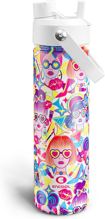 ENCOOL Insulated Water Bottle with Straw Stainless Steel Water Bottle, Leak-Proof, BPA-Free, Double Wall Vacuum Keeps Cold for 24 Hours for Sports, Travel, School (26 oz, Cotton Candy) - Colors A