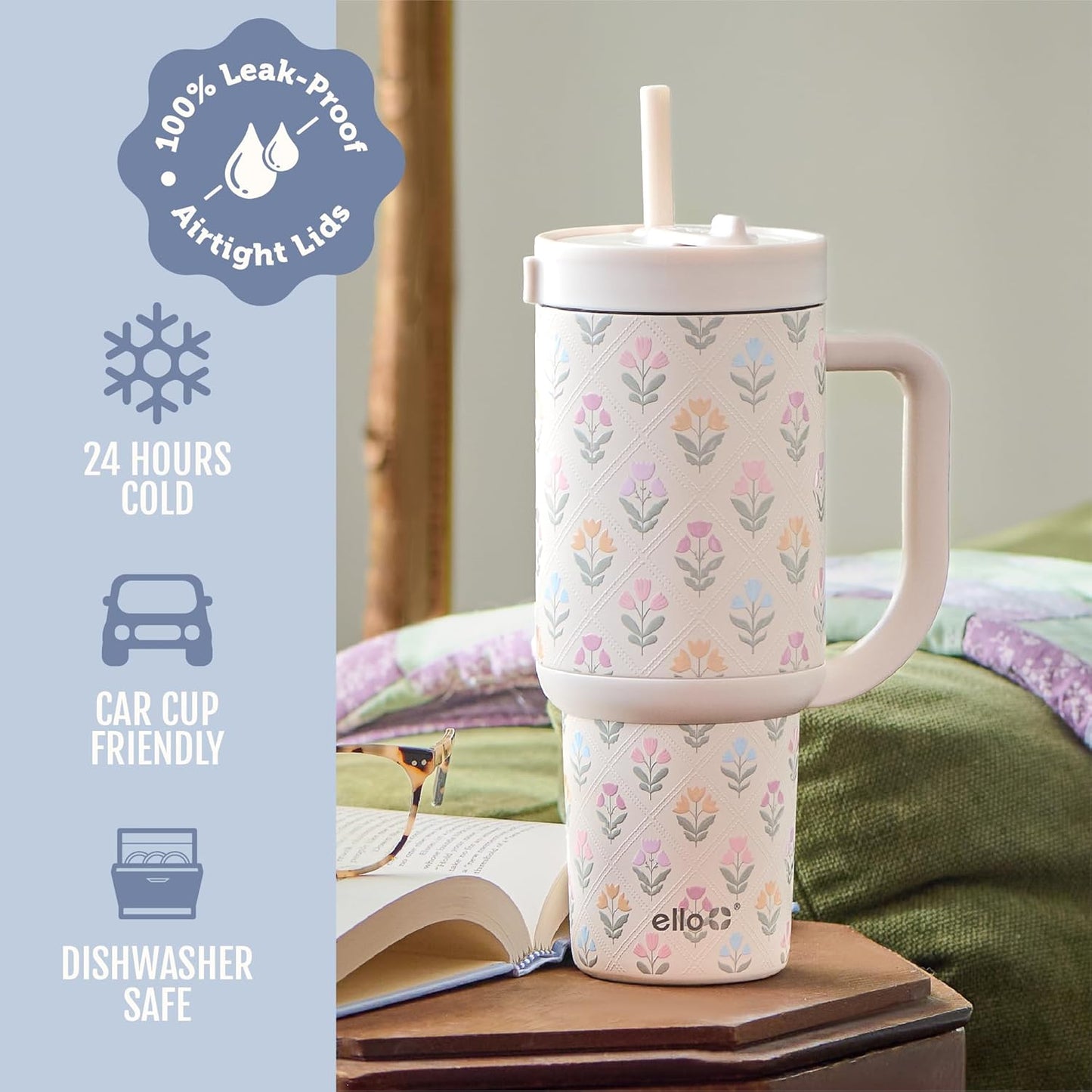Ello Oasis 40 oz Tumbler with Handle & Retracting Straw | Reusable Insulated Stainless Steel Cup 100% Leakproof, Gifts for Teens Women Men | Keeps cold for 24 Hours, Cup Holder Friendly, Daisies