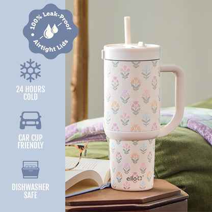 Ello Oasis 40 oz Tumbler with Handle & Retracting Straw | Reusable Insulated Stainless Steel Cup 100% Leakproof, Gifts for Teens Women Men | Keeps cold for 24 Hours, Cup Holder Friendly, Daisies