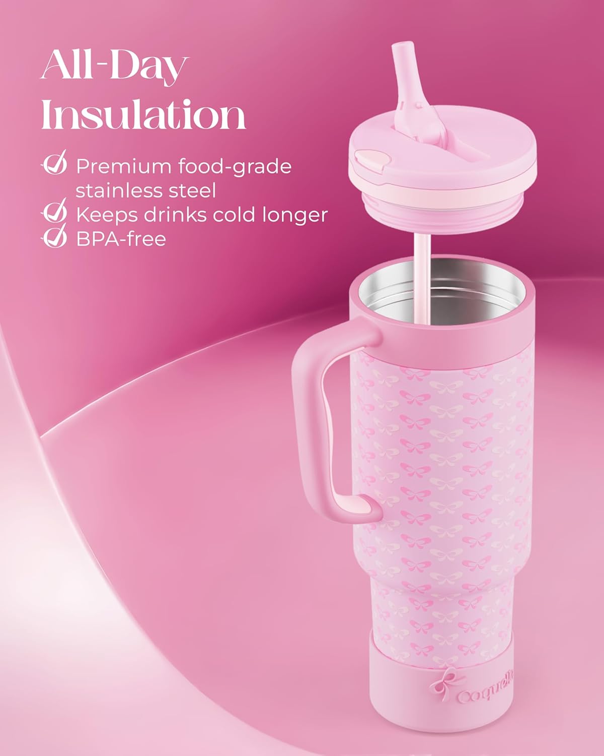 40 oz Insulated Tumbler with Handle and Push-Button Straw Lid, Stainless Steel Travel Cup for Gym Office, Leakproof, BPA-Free, Cup Holder Friendly, Bow Silicone Boot, Purple (Light Lilac)