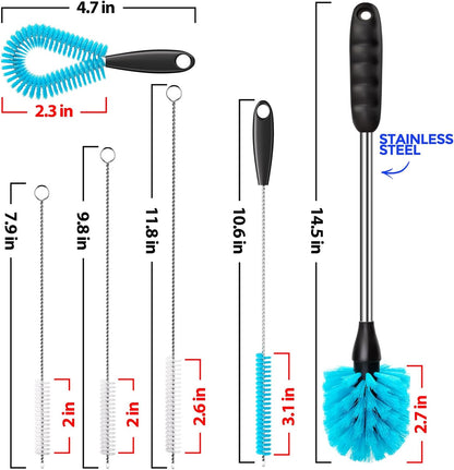 Holikme 6 Pack Bottle Brush Set, 14.5" Long Handle Stainless Steel Bottle Cleaner Brush, Long-Handled 6-in-1 Stainless Steel Bottle Brushes for Water Bottle, Cups, Abrasive Wheel Brushes, Blue