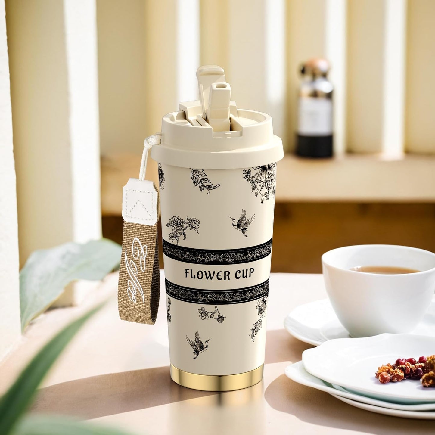 [2-IN-1 LID] Travel Mug,Coffe mug,Coffe cup,Ceramic coating Lined,316 Stainless Steel,BPA Free,Vacuum Insulated Tumbler for Water, Iced Tea or Coffee, Smoothie and More (Peony-White, 18 Onuces)