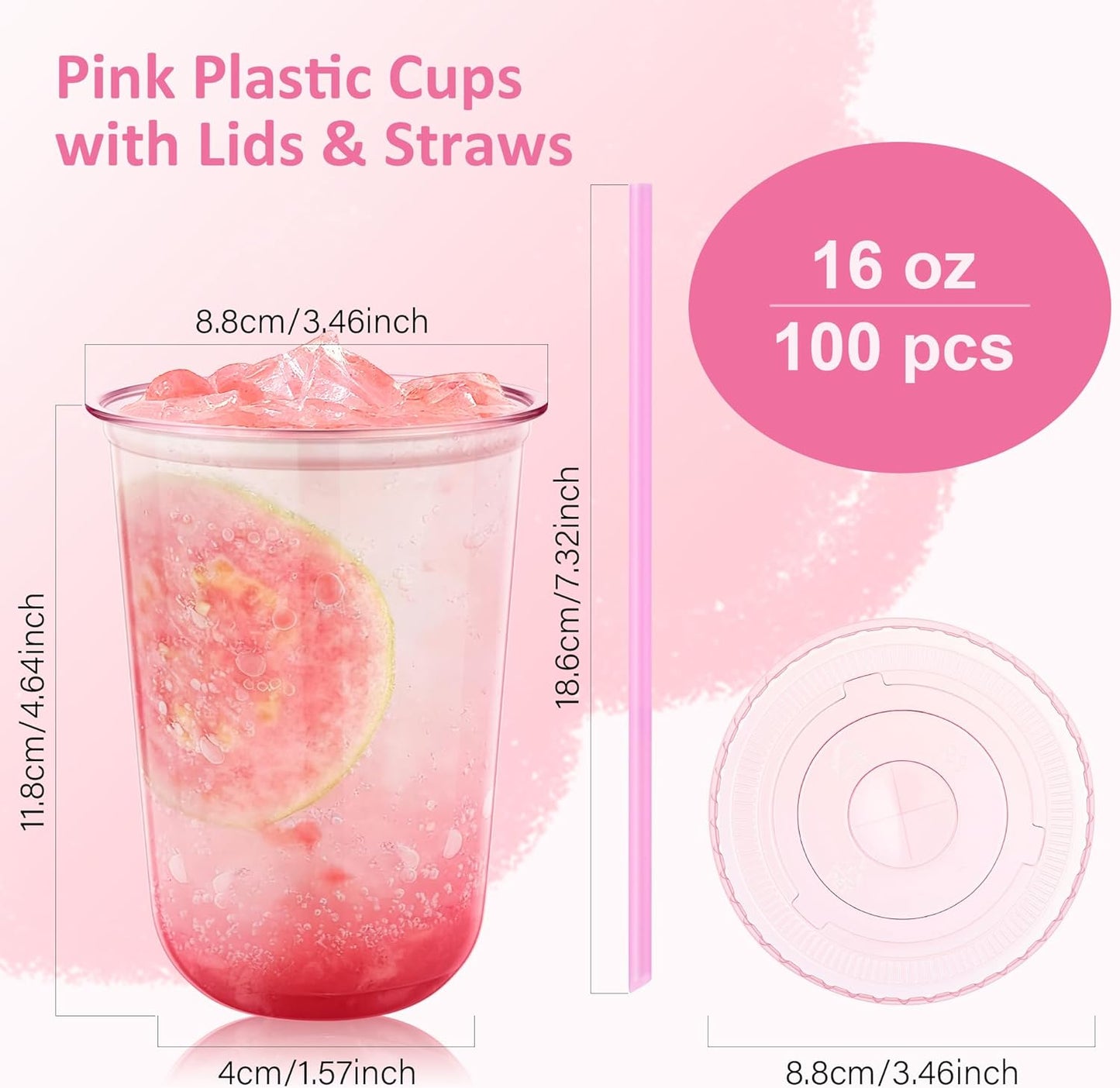 tchrules 100 Set 16oz Plastic Cups with Lids and Straws, Disposable Clear Iced Coffee Cup with Lid, Round Bottom Plastic To Go Cups for Cold Drinks Slushie Smoothie Lemonade Matcha Party Shop Supplies
