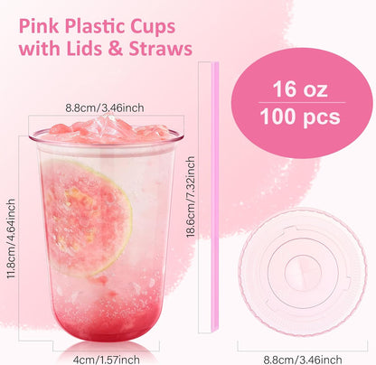tchrules 100 Set 16oz Plastic Cups with Lids and Straws, Disposable Clear Iced Coffee Cup with Lid, Round Bottom Plastic To Go Cups for Cold Drinks Slushie Smoothie Lemonade Matcha Party Shop Supplies