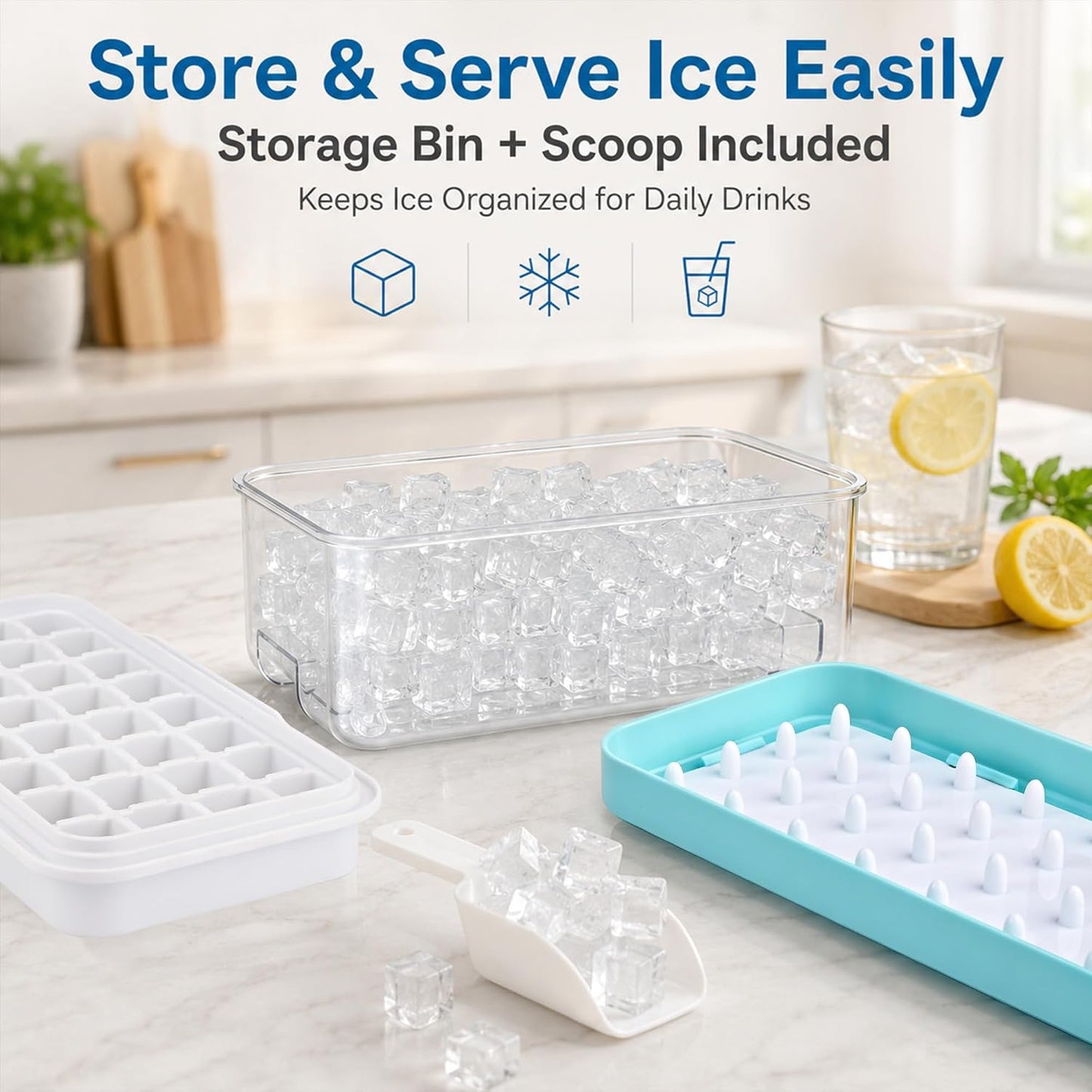Ice Trays for Freezer with Lid & Bin, Ice Cube Tray Making 64 pcs Ice Cubes, Easy Press to Release Ice, Ice Tray with Storage Bin Chilling Cocktail Whiskey Coffee 2 Trays 1 Ice Bucket & Scoop (Black)